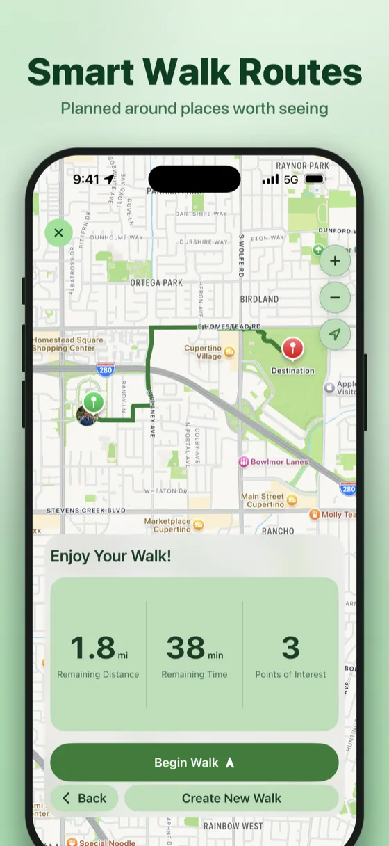 Walk Mode route guidance on a map