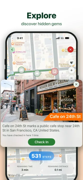 Discovering a cafe along a walking route and checking in to it in the Walk Mode app