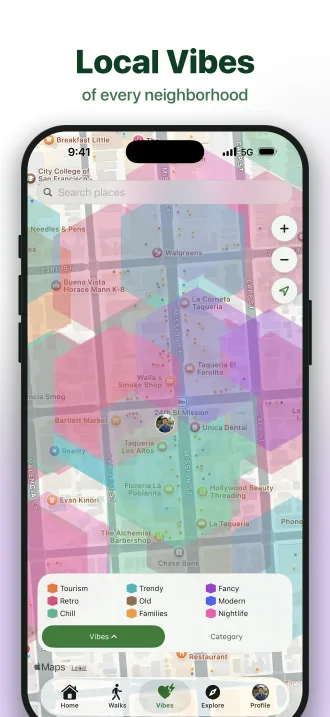 Map of neighborhood vibes - trendy, chill, retro, nightlife - for choosing a city walk