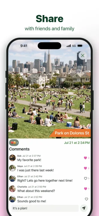 A shared check-in at a park with reactions and comments from friends