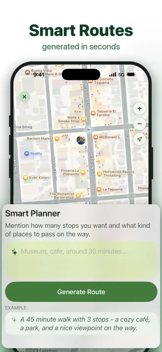 Smart Planner generating a walking route from a short text description in the Walk Mode app