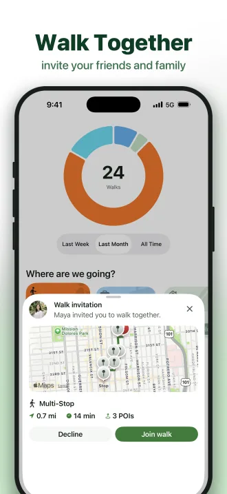 Walk invitation from a friend showing the route, distance, time, and stops before joining