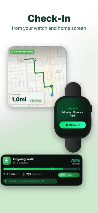 Checking in to a stop from Apple Watch, with the walk widget and Live Activity showing progress