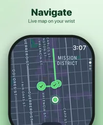 Apple Watch showing a live walking route map with checked-off stops